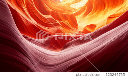 Abstract rock formations create a mesmerizing canyon landscape with flowing patterns and shades of orange, red, and burgundy hues. 123246735