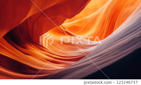 Abstract rock formation showing layers of red, orange, and purple rock creating a swirling, textured pattern in a canyon. 123246737
