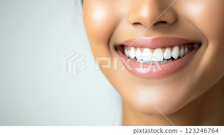 Close-up of a woman's radiant smile, showcasing healthy teeth and a confident expression. She appears to be in bright, natural lighting. Close-up of a woman's radiant smile, showcasing healthy teeth and a confident expression. She appears to be in bright, natural lighting. 123246764