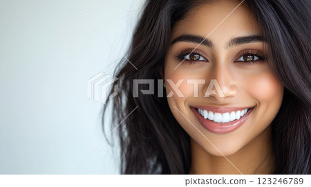 Radiant smile of a woman with dark wavy hair against a bright background, showing confidence and natural beauty in a close-up shot. 123246789