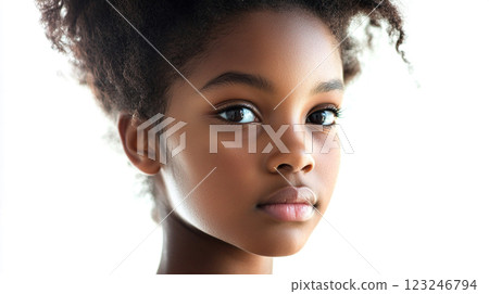 Portrait of a beautiful young girl with dark skin, looking directly at the camera with a gentle, hopeful expression on her face. Portrait of a beautiful young girl with dark skin, looking directly at the camera with a gentle, hopeful expression on her face. 123246794