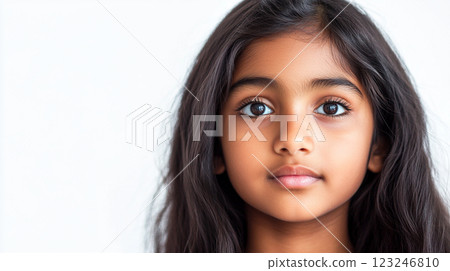 Portrait of a young girl with brown hair and eyes. She's facing forward with a neutral expression against a bright white background. 123246810