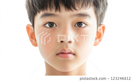 Close-up of a young boy's face with brown eyes and short, dark hair against a bright, neutral background, showcasing natural beauty. Close-up of a young boy's face with brown eyes and short, dark hair against a bright, neutral background, showcasing natural beauty. 123246812