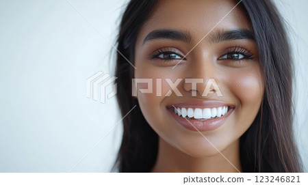 Radiant smile portrait showcases healthy teeth, glowing skin, and long hair. Ideal for beauty, wellness, and dental care themes. 123246821