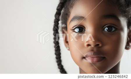 Close-up portrait of a charming young girl with braided hair, looking directly into the camera with an innocent and captivating gaze. 123246842