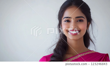 Portrait of a woman with dark hair styled in a braid, beautiful smile, and wearing a pink top with golden trim against a bright background. Portrait of a woman with dark hair styled in a braid, beautiful smile, and wearing a pink top with golden trim against a bright background. 123246843