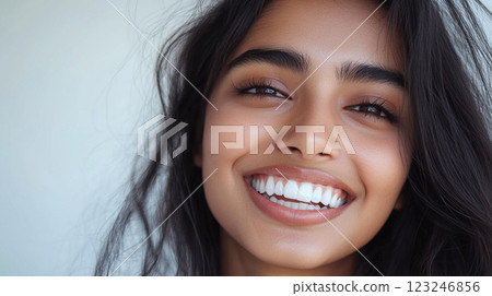 Radiant smile illuminating a woman's face, showcasing her impeccable dental care and natural beauty against a neutral backdrop. Radiant smile illuminating a woman's face, showcasing her impeccable dental care and natural beauty against a neutral backdrop. 123246856