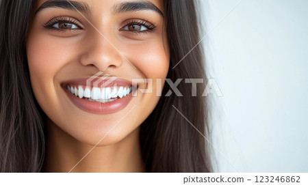 Radiant smile close-up showcasing perfect white teeth, healthy gums, and a warm complexion in a well-lit studio setting. 123246862