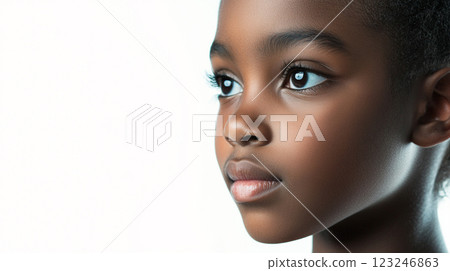 Young girl with a thoughtful gaze, captured in a serene studio portrait against a stark white backdrop, highlighting her natural beauty. 123246863