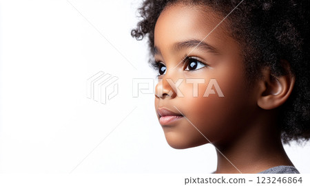 Introspective child portrait showcasing a young girl's innocent gaze and natural beauty against a stark white background in a studio setting. 123246864