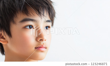 A boy gazes dreamily into the distance. The soft lighting accentuates the contours of his face against a crisp white background. 123246871