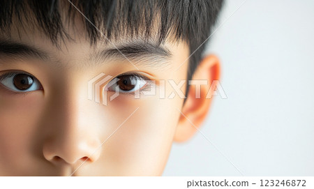 Close-up portrait capturing the serene expression of a young child, highlighting their bright eyes and soft skin in a minimalist setting. Close-up portrait capturing the serene expression of a young child, highlighting their bright eyes and soft skin in a minimalist setting. 123246872
