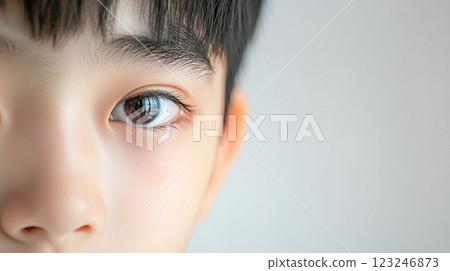 An extreme close-up captures the details of a person's face, emphasizing their eye and skin texture against a minimalist, light-toned backdrop. 123246873