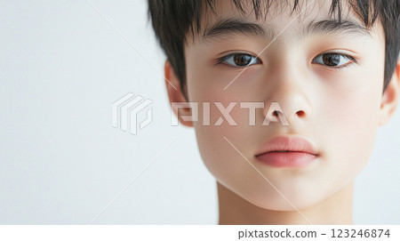 Close-up portrait of a young boy with dark hair, fair skin, and brown eyes against a plain background showcasing his youthful features. Close-up portrait of a young boy with dark hair, fair skin, and brown eyes against a plain background showcasing his youthful features. 123246874