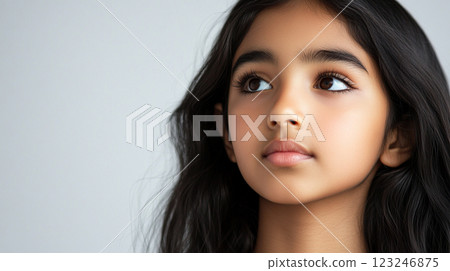Serene portrait of a young girl with dark hair looking towards the upper left, showcasing her calm and reflective expression. 123246875