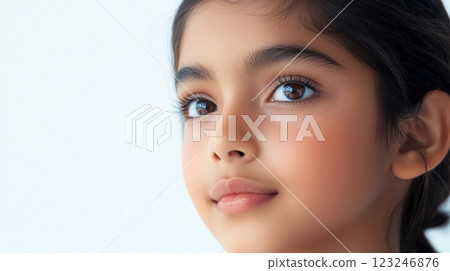 Portrait of a beautiful young girl with dark hair and brown eyes gazing upwards with a contemplative expression on a light background. Portrait of a beautiful young girl with dark hair and brown eyes gazing upwards with a contemplative expression on a light background. 123246876