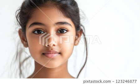 Headshot of a young girl against a plain white background, showcasing her beautiful eyes and features. Gentle lighting and focus. 123246877