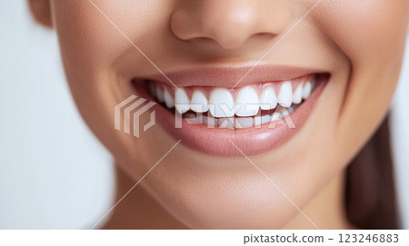 Radiant Smile: Close-up of perfectly aligned, gleaming white teeth and healthy pink lips. Enhancing facial aesthetics and projecting confidence. Radiant Smile: Close-up of perfectly aligned, gleaming white teeth and healthy pink lips. Enhancing facial aesthetics and projecting confidence. 123246883