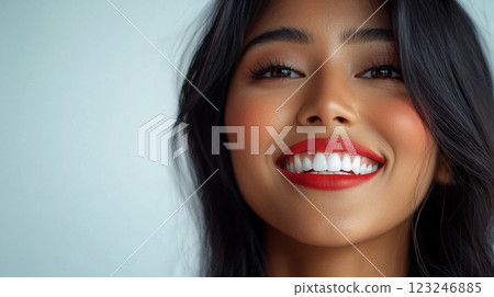 Radiant woman with a captivating smile and bold red lipstick, complemented by her sleek dark hair and glowing complexion. 123246885