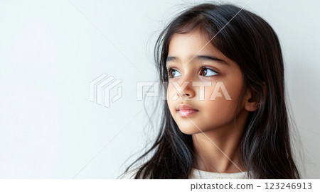Focused young girl gazing thoughtfully, anticipation evident in her dark eyes and poised expression against a neutral, simple backdrop. 123246913