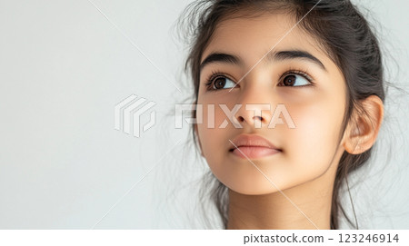 Young girl with thoughtful expression gazing upwards, soft light illuminating her face, against a simple background. Innocent and calm mood. Young girl with thoughtful expression gazing upwards, soft light illuminating her face, against a simple background. Innocent and calm mood. 123246914