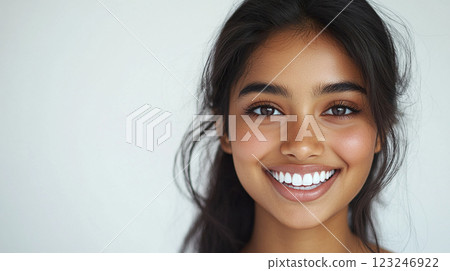 Radiant smile of a young woman with beautiful skin and bright eyes, showcasing natural beauty and dental aesthetics with confidence. Radiant smile of a young woman with beautiful skin and bright eyes, showcasing natural beauty and dental aesthetics with confidence. 123246922