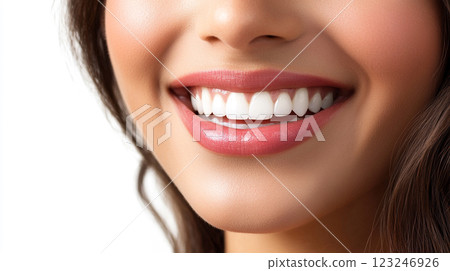 Close-up of a radiant smile with perfect white teeth and glossy pink lips. Feminine beauty, confidence, and dental health concept. 123246926