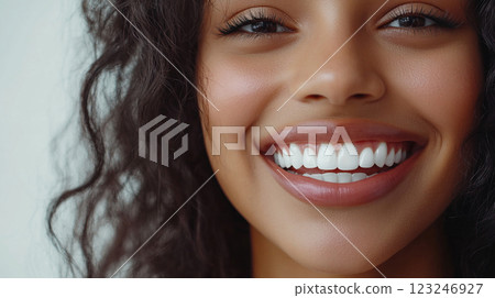 Radiant Smile: Close-up of a woman's confident expression, highlighting her healthy teeth and glowing complexion. 123246927