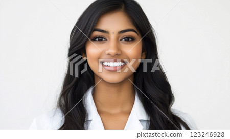 Portrait of a beautiful woman with dark hair and a white coat, smiling against a plain backdrop. Radiant skin and warm expression. 123246928
