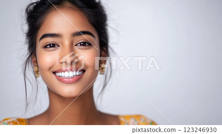Radiant portrait of a woman showcasing a bright, genuine smile against a simple background, emphasizing her natural beauty and positive aura. 123246930
