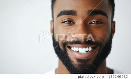 Radiant smile of a confident man. This man's smile is a beacon of positivity, showcasing impeccable dental hygiene and a genuine cheerful demeanor. Radiant smile of a confident man. This man's smile is a beacon of positivity, showcasing impeccable dental hygiene and a genuine cheerful demeanor. 123246982