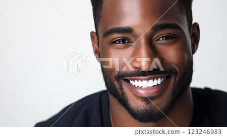 Portrait of a confident man with a bright, healthy smile against a clean backdrop. The image exudes warmth and approachability. 123246983