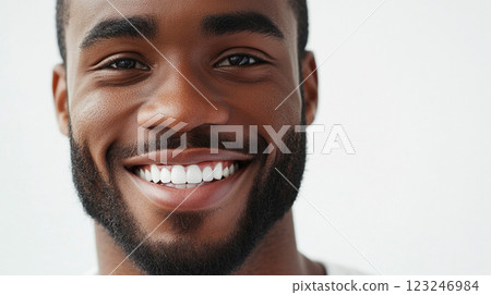 Close-up portrait of a smiling man against a white background. He has a well-groomed beard and very bright white teeth. He looks happy and healthy. 123246984
