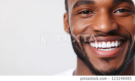 Close-up of a joyful African American man with a dazzling white smile. Portrays health, happiness, confidence, and approachable personality. 123246985