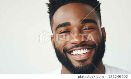 Radiant Portrait: Close-up of a man's joyful smile and confident expression, radiating warmth against a light background. 123246992