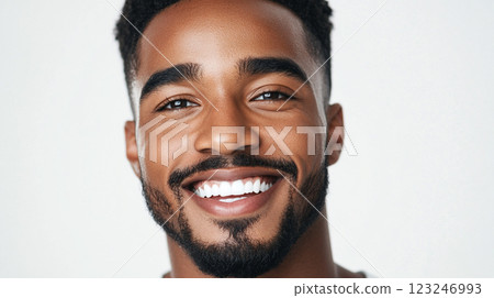 Portrait of a smiling man. He has a well-groomed beard and a joyful expression, radiating confidence and friendliness against a plain backdrop. Portrait of a smiling man. He has a well-groomed beard and a joyful expression, radiating confidence and friendliness against a plain backdrop. 123246993