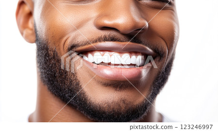 Radiant smile of an African-American man. Focus on gleaming white teeth against smooth dark skin and a well-groomed beard, symbolizing health. 123246997