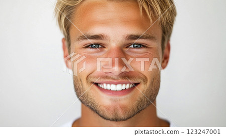 Smiling man: A close-up showcasing a cheerful individual with radiant eyes, sporting a well-groomed beard and a genuine smile. Smiling man: A close-up showcasing a cheerful individual with radiant eyes, sporting a well-groomed beard and a genuine smile. 123247001