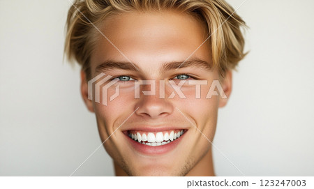 Smiling young man with blond hair, showing perfect teeth and a natural look. Close-up portrait on bright background. Smiling young man with blond hair, showing perfect teeth and a natural look. Close-up portrait on bright background. 123247003
