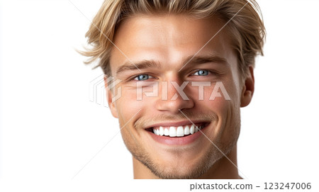 Bright smile portrait: Blond haired man with white teeth, blue eyes, and a joyful, friendly expression in a clean, bright setting. Bright smile portrait: Blond haired man with white teeth, blue eyes, and a joyful, friendly expression in a clean, bright setting. 123247006