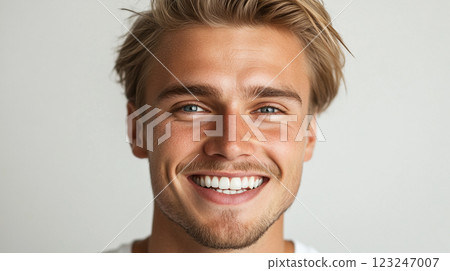 Portrait of a young man with blonde hair and blue eyes, smiling confidently with perfectly aligned white teeth. Expressing joy and health. Portrait of a young man with blonde hair and blue eyes, smiling confidently with perfectly aligned white teeth. Expressing joy and health. 123247007
