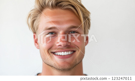 Smiling fair-skinned man with blond hair. Close-up portrait against a neutral background. Radiates positivity, health, and confidence. 123247011