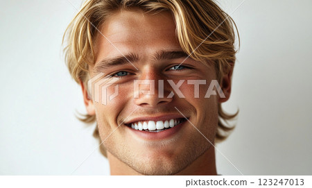 Radiant Smile: A close-up of a young man with sun-kissed skin and striking blue eyes, his bright smile full of genuine warmth and joy. Radiant Smile: A close-up of a young man with sun-kissed skin and striking blue eyes, his bright smile full of genuine warmth and joy. 123247013