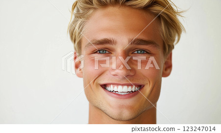 Bright, friendly young man smiling with a warm expression and showing off pearly white teeth. Positive vibes radiate from his happy face. Bright, friendly young man smiling with a warm expression and showing off pearly white teeth. Positive vibes radiate from his happy face. 123247014