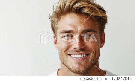 Portrait of a smiling young man with blond hair, showcasing a happy and confident expression against a bright, neutral backdrop. 123247015