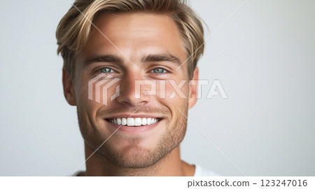 Close-up portrait of a happy, young man with blond hair and a cheerful expression. He has a charming smile and bright, engaging eyes. Close-up portrait of a happy, young man with blond hair and a cheerful expression. He has a charming smile and bright, engaging eyes. 123247016