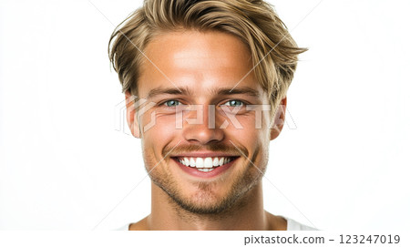 Smiling Man: Close-up portrait of a fair-skinned man with blond hair, blue eyes, and a neatly groomed stubble on a white backdrop. 123247019