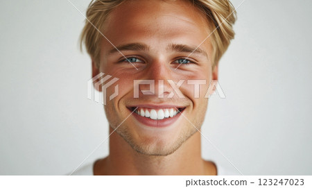 Blonde man smiling, close up headshot. Fair skin, bright blue eyes and a genuine expression against a neutral background. 123247023