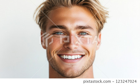 Smiling Man: A close-up of a fair-skinned man with blonde hair and light stubble, showcasing a genuine and inviting smile on a white background. 123247024