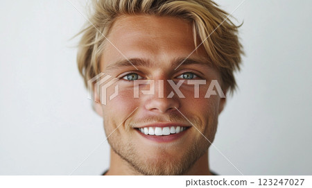 Portrait of a smiling young man with blond hair and blue eyes looking directly at the viewer against a light background, with a warm expression. 123247027